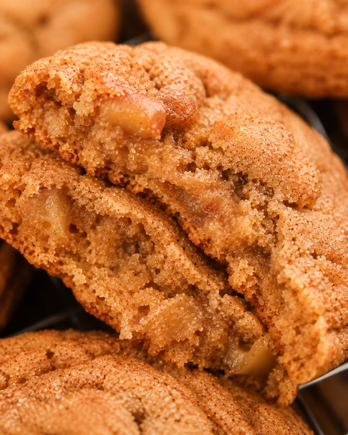 Close-up of warm, chewy apple snickerdoodles with cinnamon sugar coating.