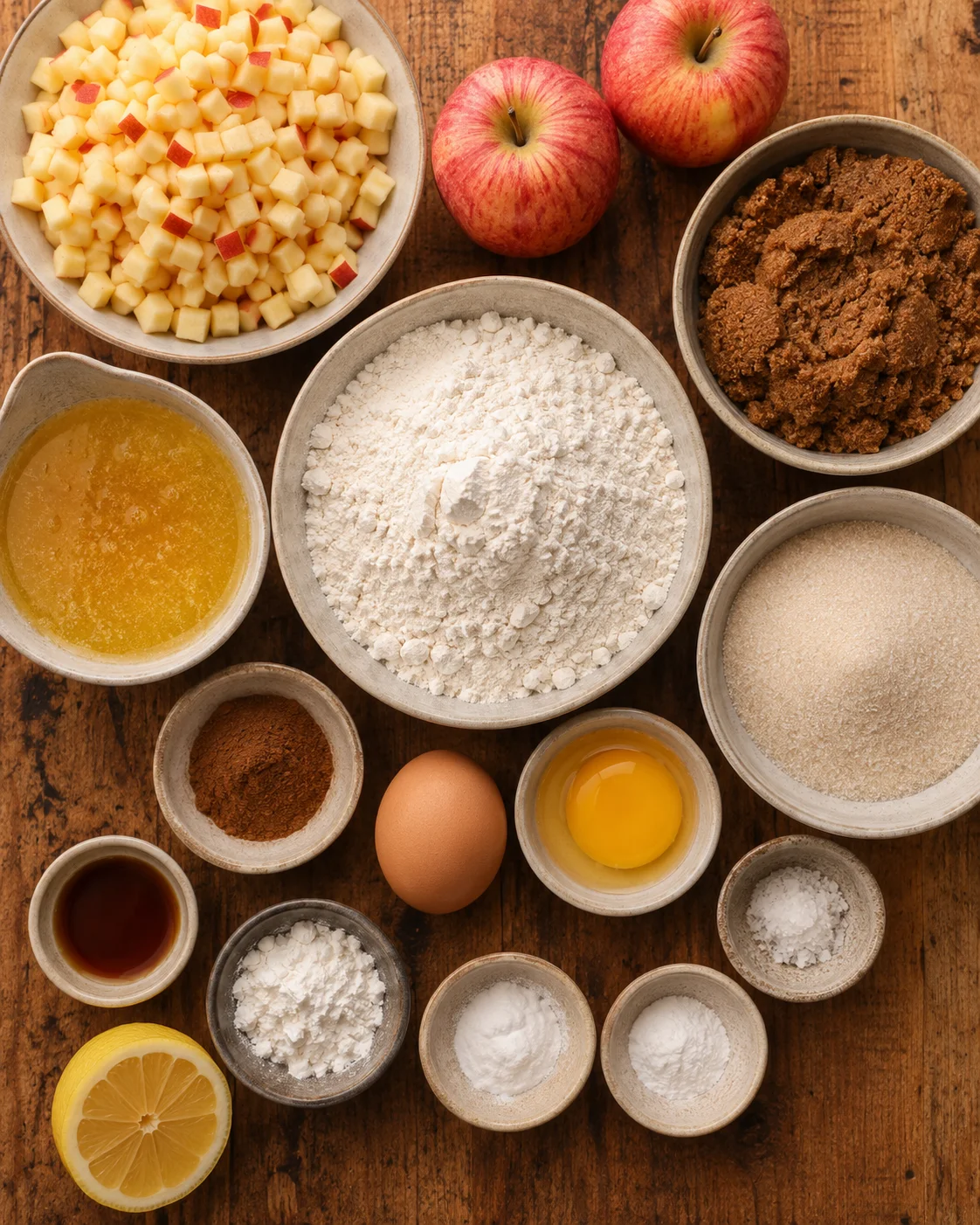 Close-up of ingredients for apple snickerdoodles on wooden table, including apples and flour.