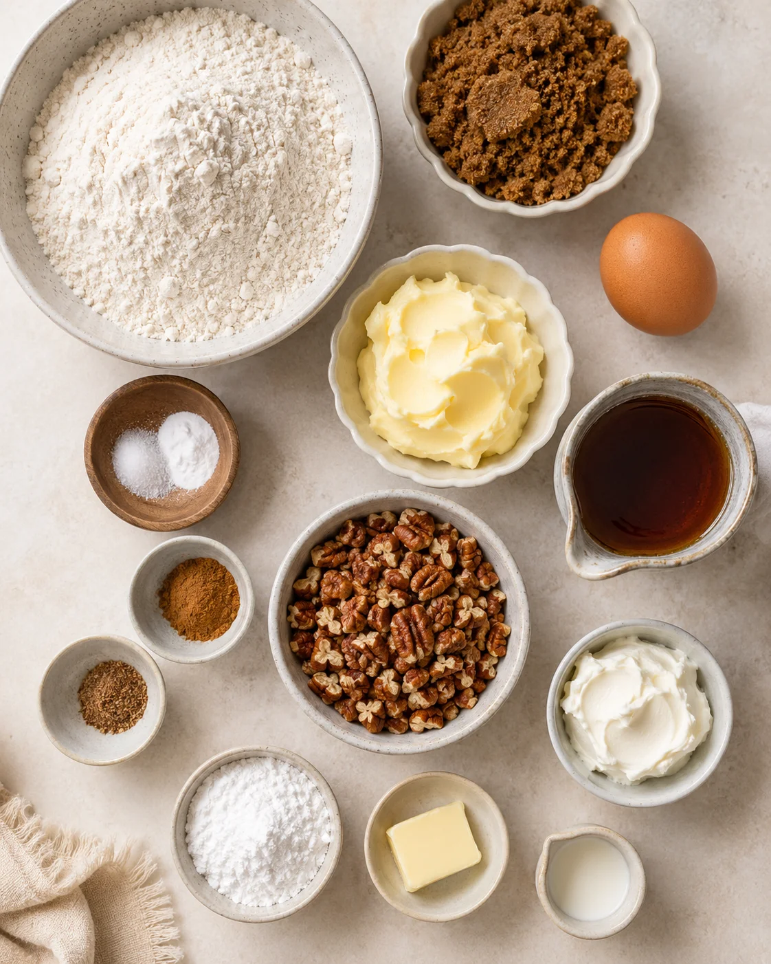 Ingredients for Maple Pecan Cookies arranged on a light surface.