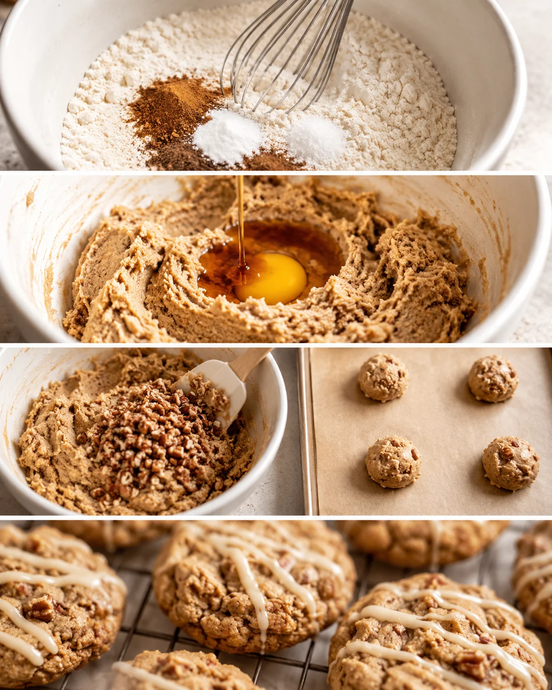 Step-by-step process of making soft, chewy maple pecan cookies with warm spices.