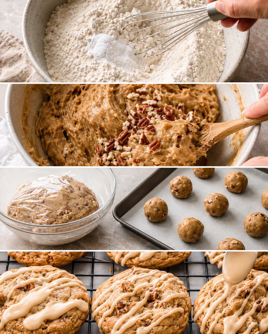 Baking process of maple brown sugar cookies with chopped pecans and maple icing toppings.