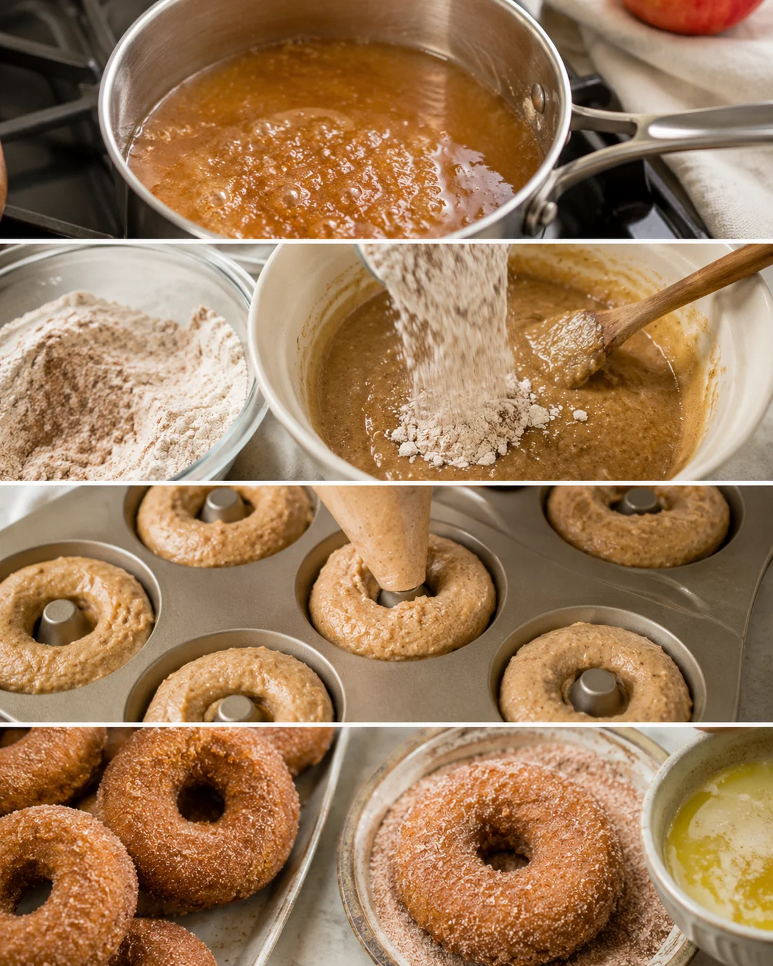 Homemade baked apple cider donuts arranged on a baking tray and a plate.