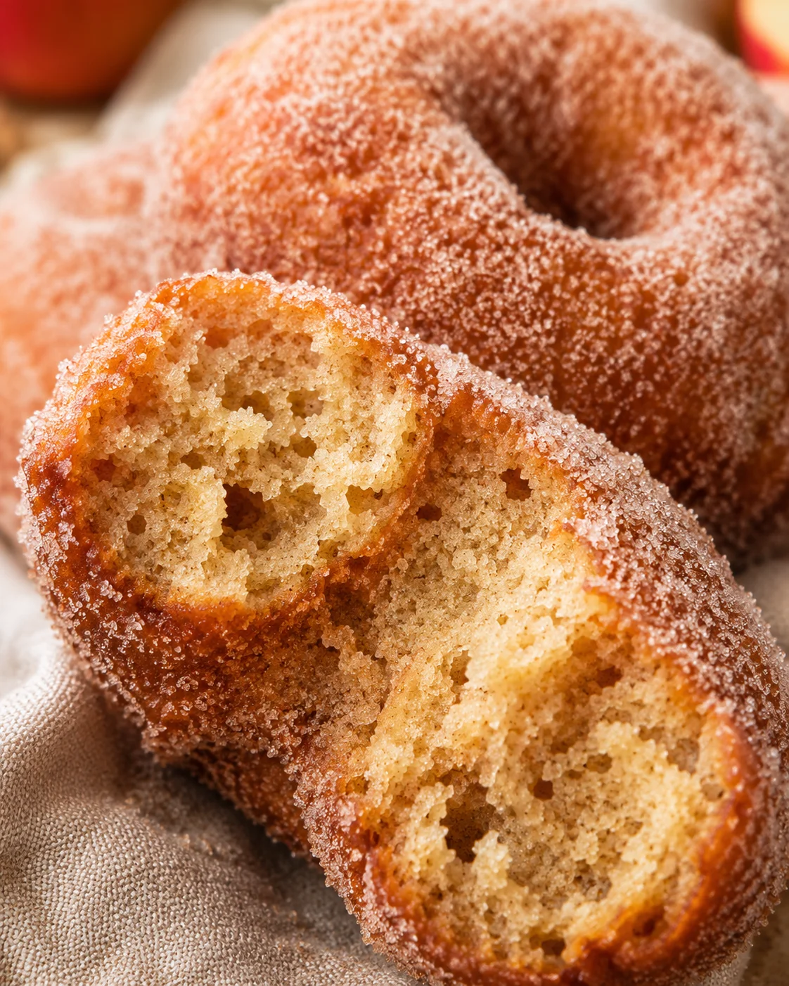Close-up of golden, sugar-coated fried apple cider donuts, one broken in half showing moist interior