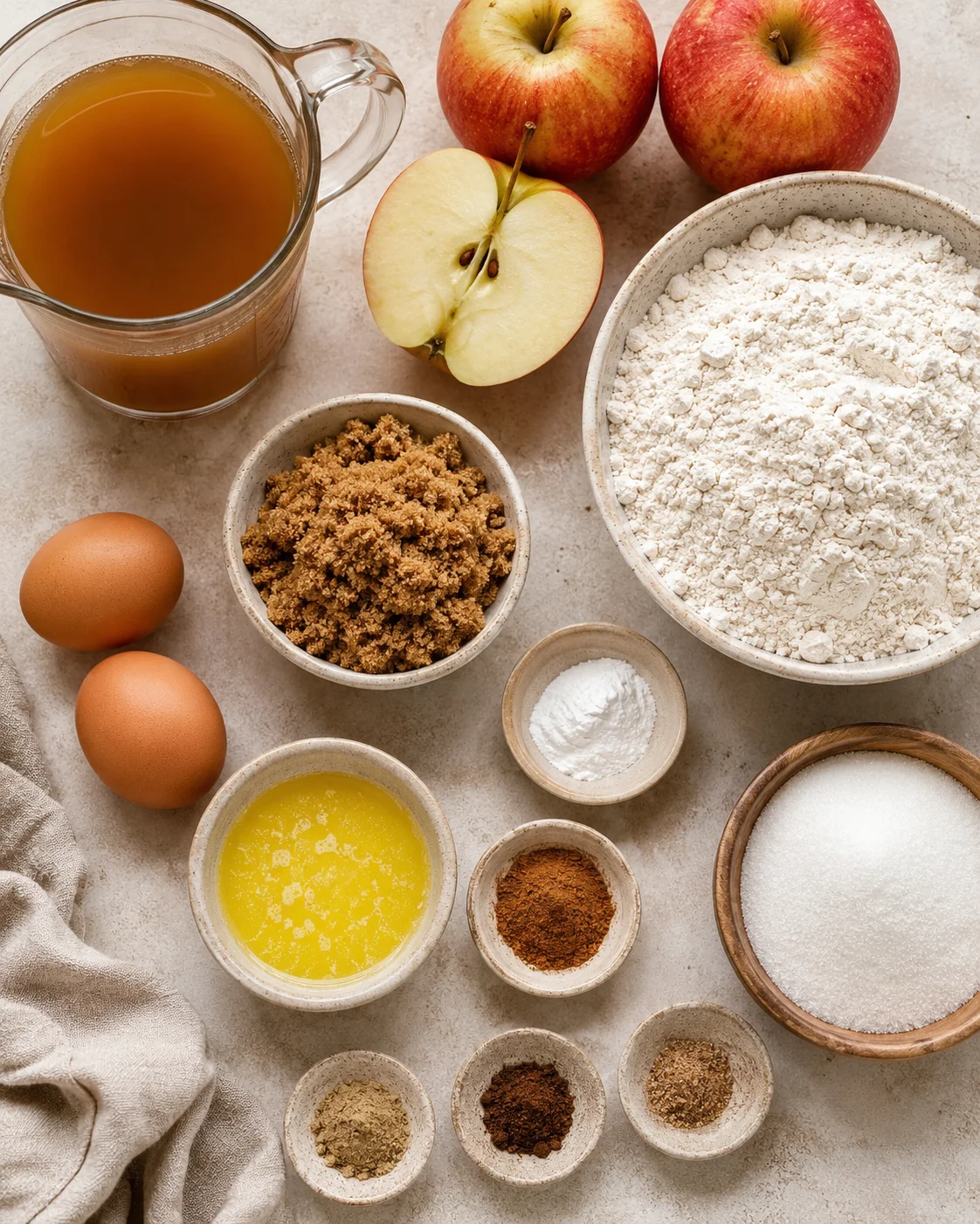 Fresh apples, apple cider, flour, eggs, and spices for making donuts.