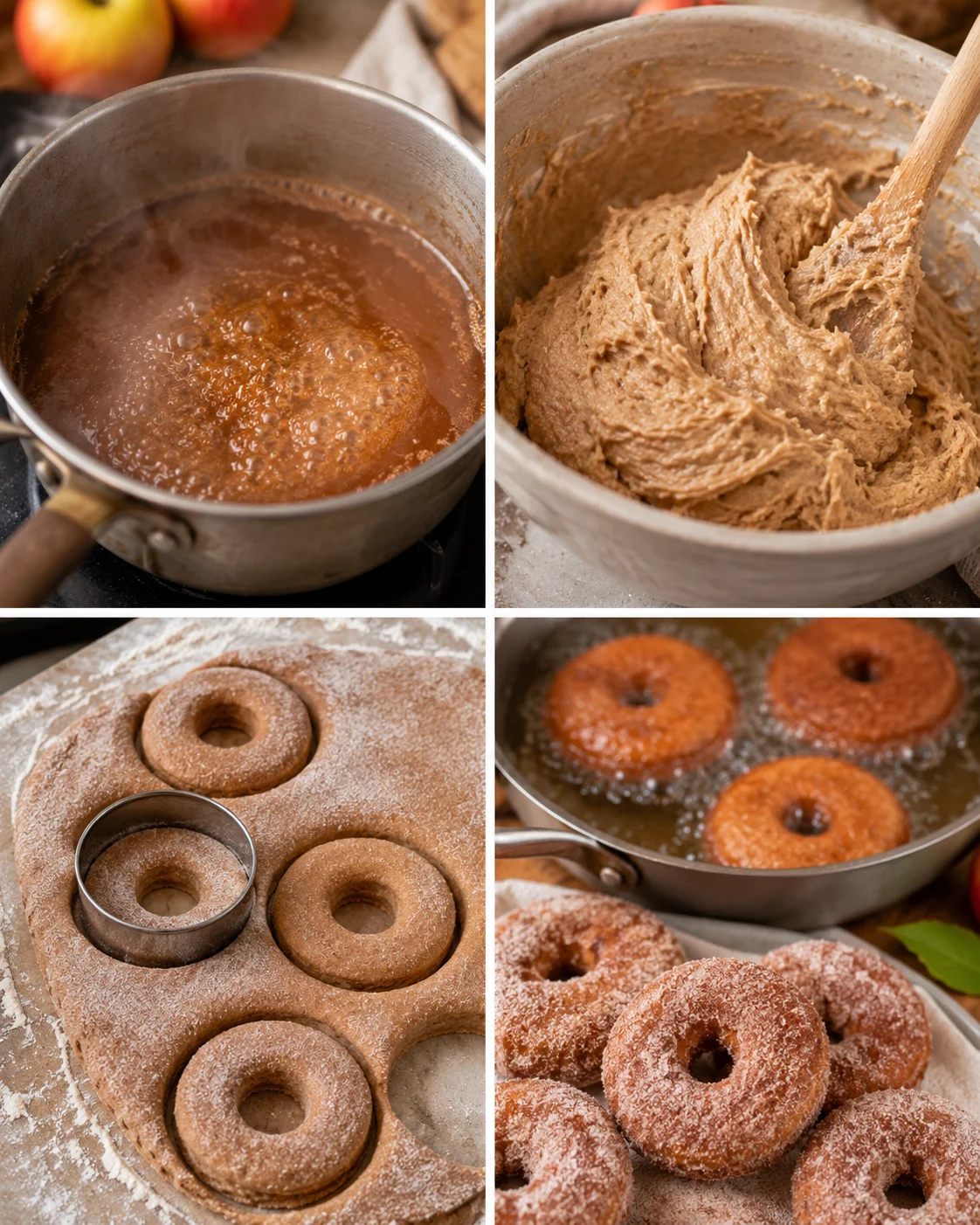 Step-by-step images showcasing apple cider donuts being prepared and fried.