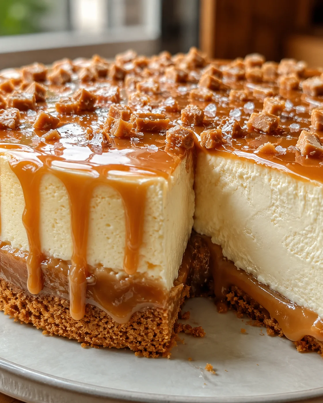 Close-up of a rich salted caramel cheesecake with caramel drizzle and topping
