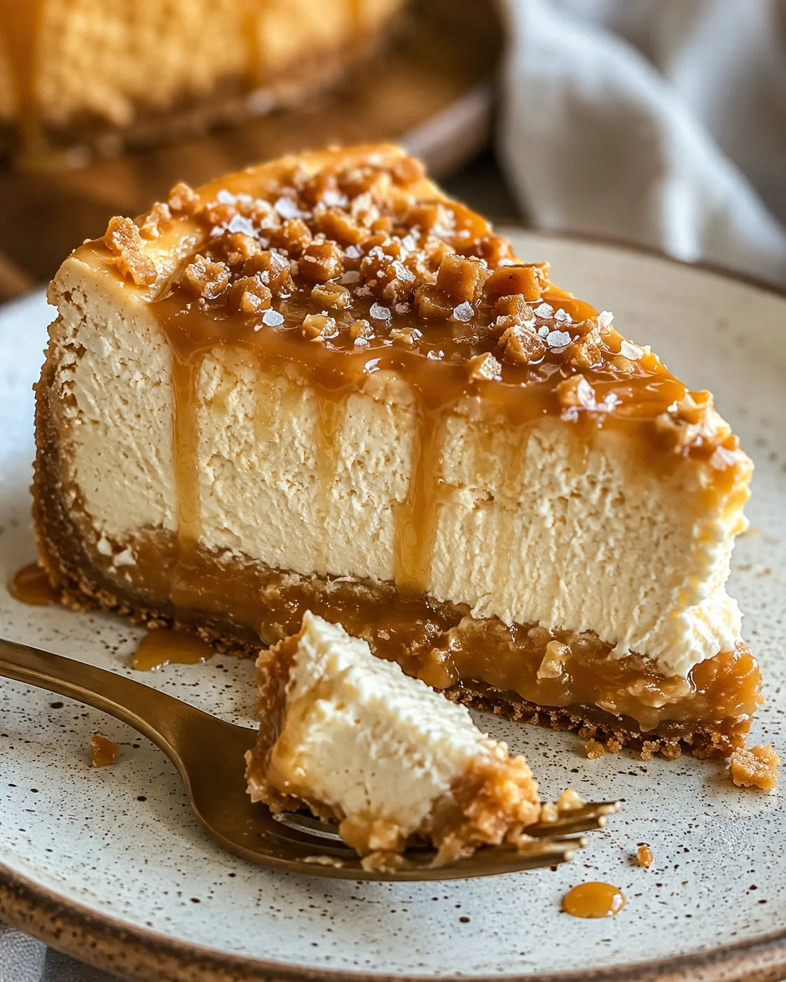 Creamy salted caramel cheesecake topped with caramel drizzle and crunchy toppings.