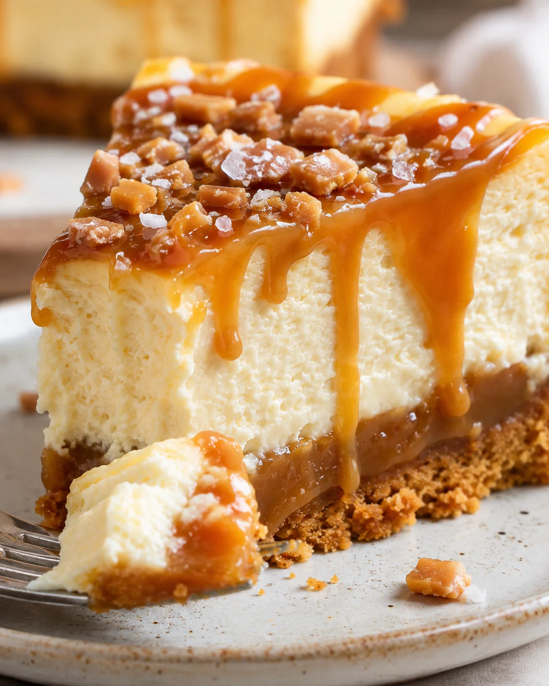 Decadent salted caramel cheesecake with caramel sauce and crunchy topping