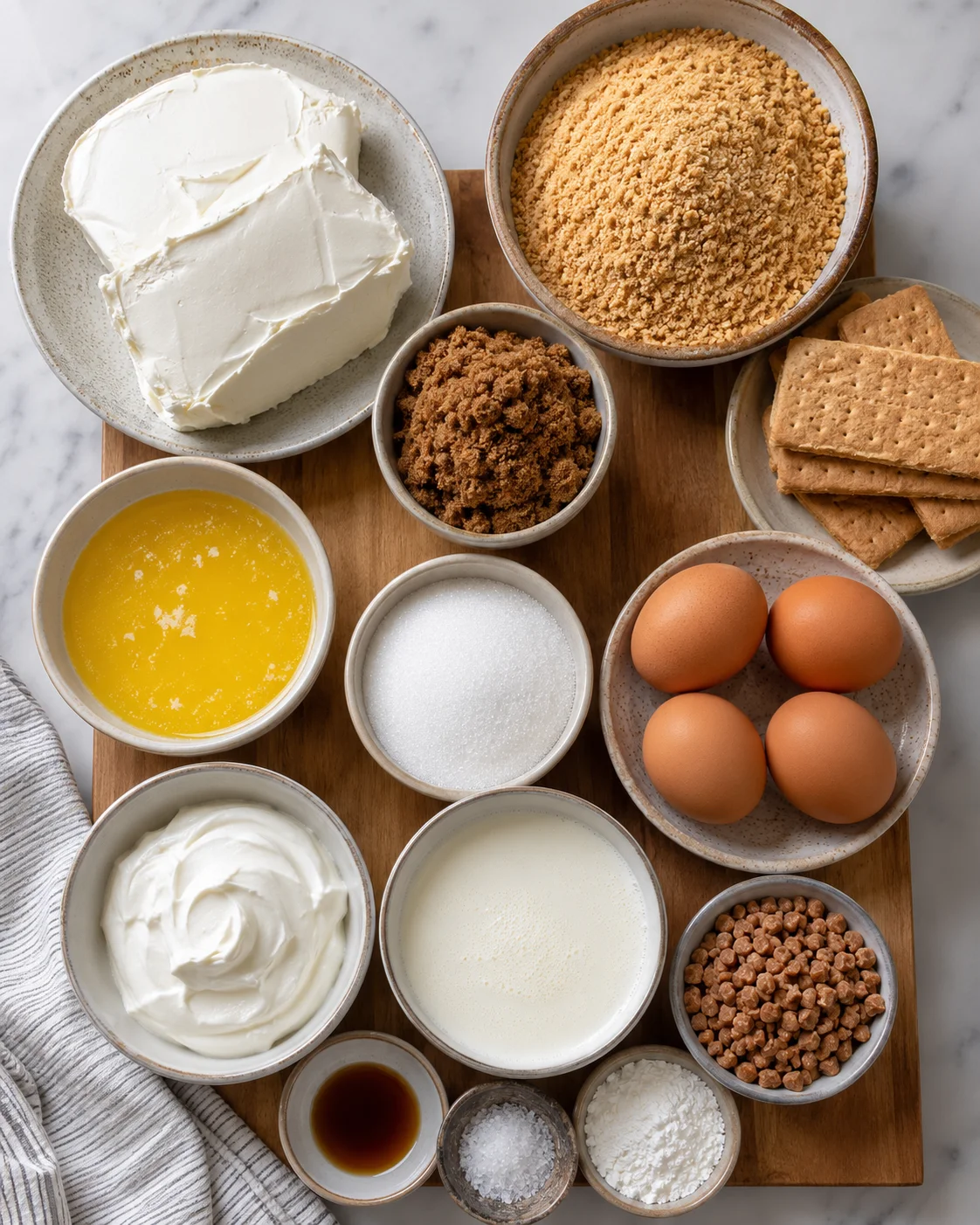 Ingredients for salted caramel cheesecake on wooden board with creamy filling and crackers