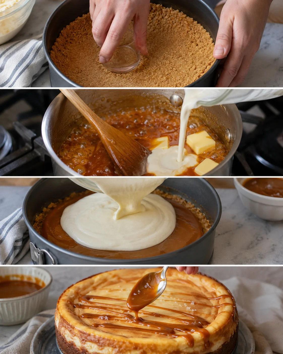 Steps for making a rich salted caramel cheesecake with caramel layers and sauce.