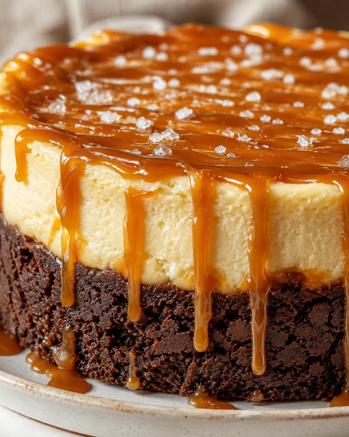 Close-up of caramel drizzle over a layered brownie and cheesecake dessert