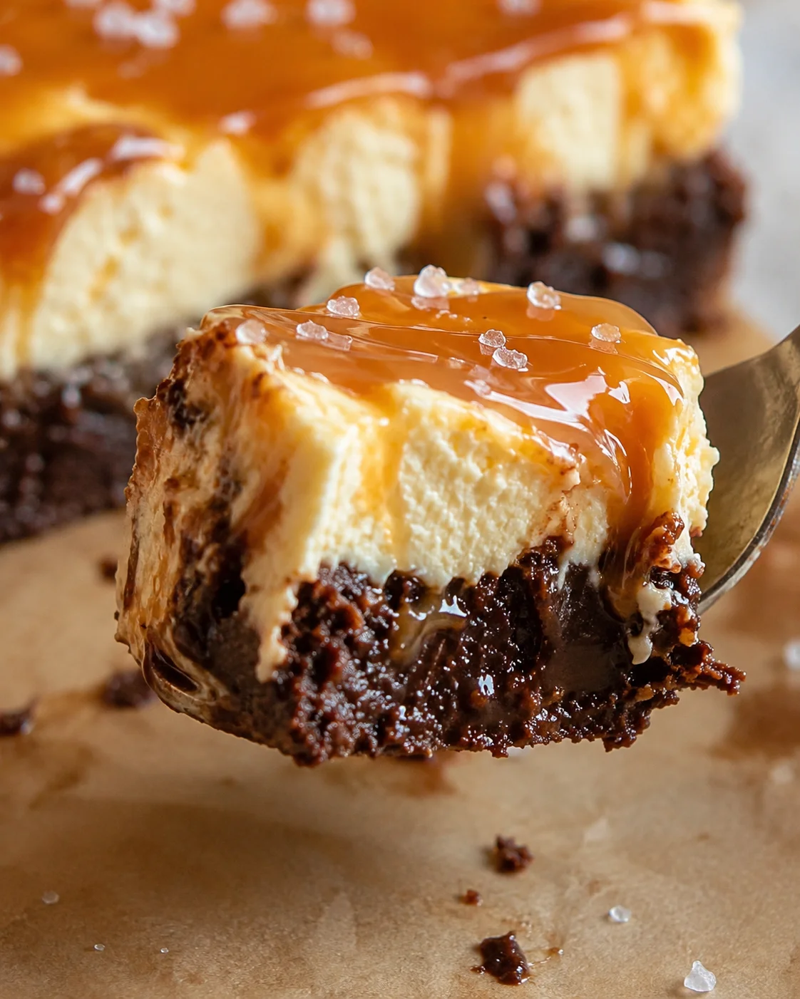 Close-up of a slice of caramel brownie cheesecake with caramel drizzle
