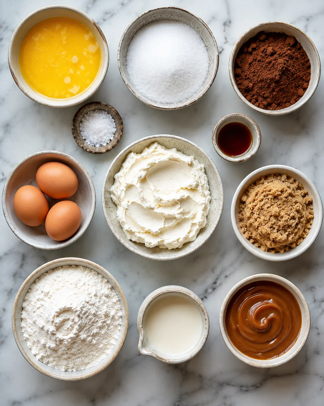 Assorted ingredients including eggs, cream cheese, cocoa powder, and caramel for cheesecake.