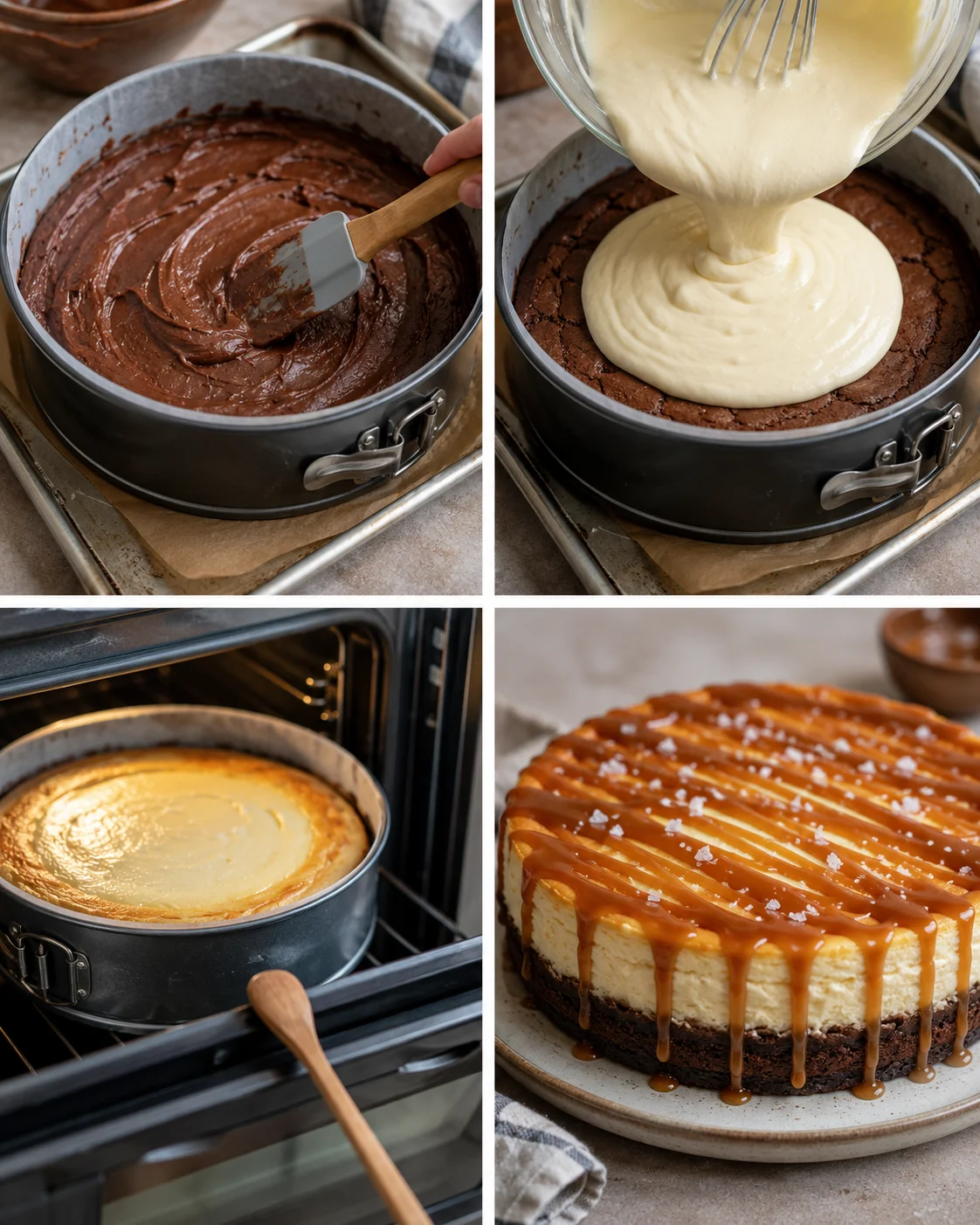Step-by-step images of making caramel brownie cheesecake, from mixing to baking and drizzling caramel.