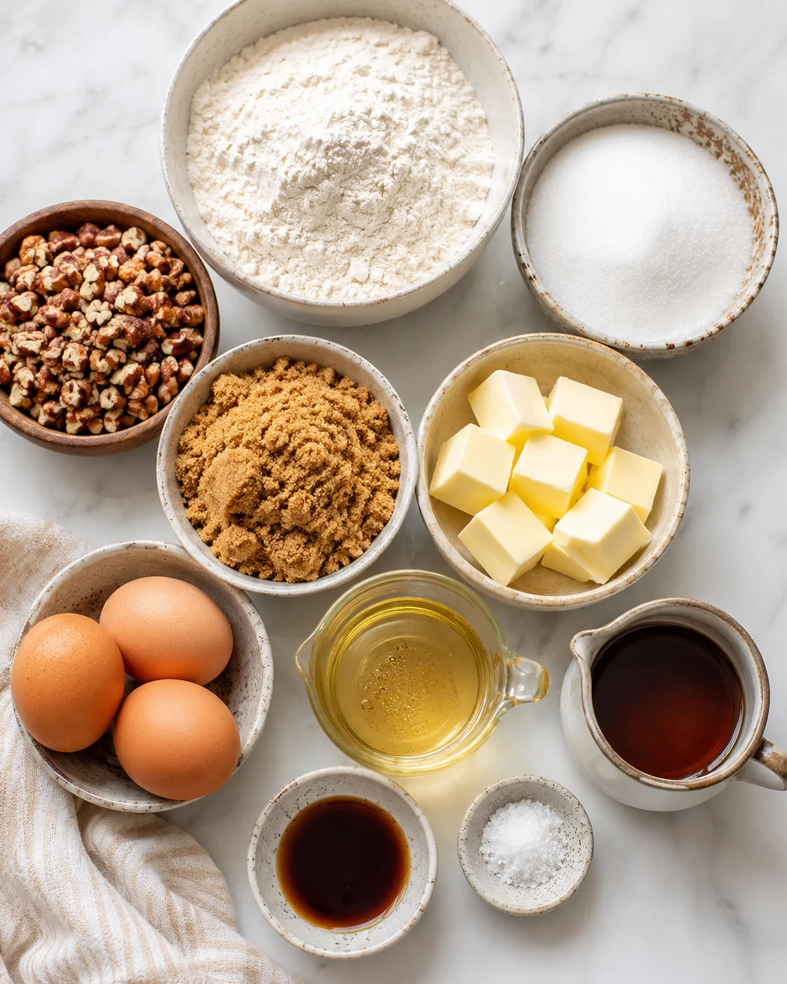 A collection of ingredients for pecan pie bars, including eggs, butter, sugar, flour, and pecans.