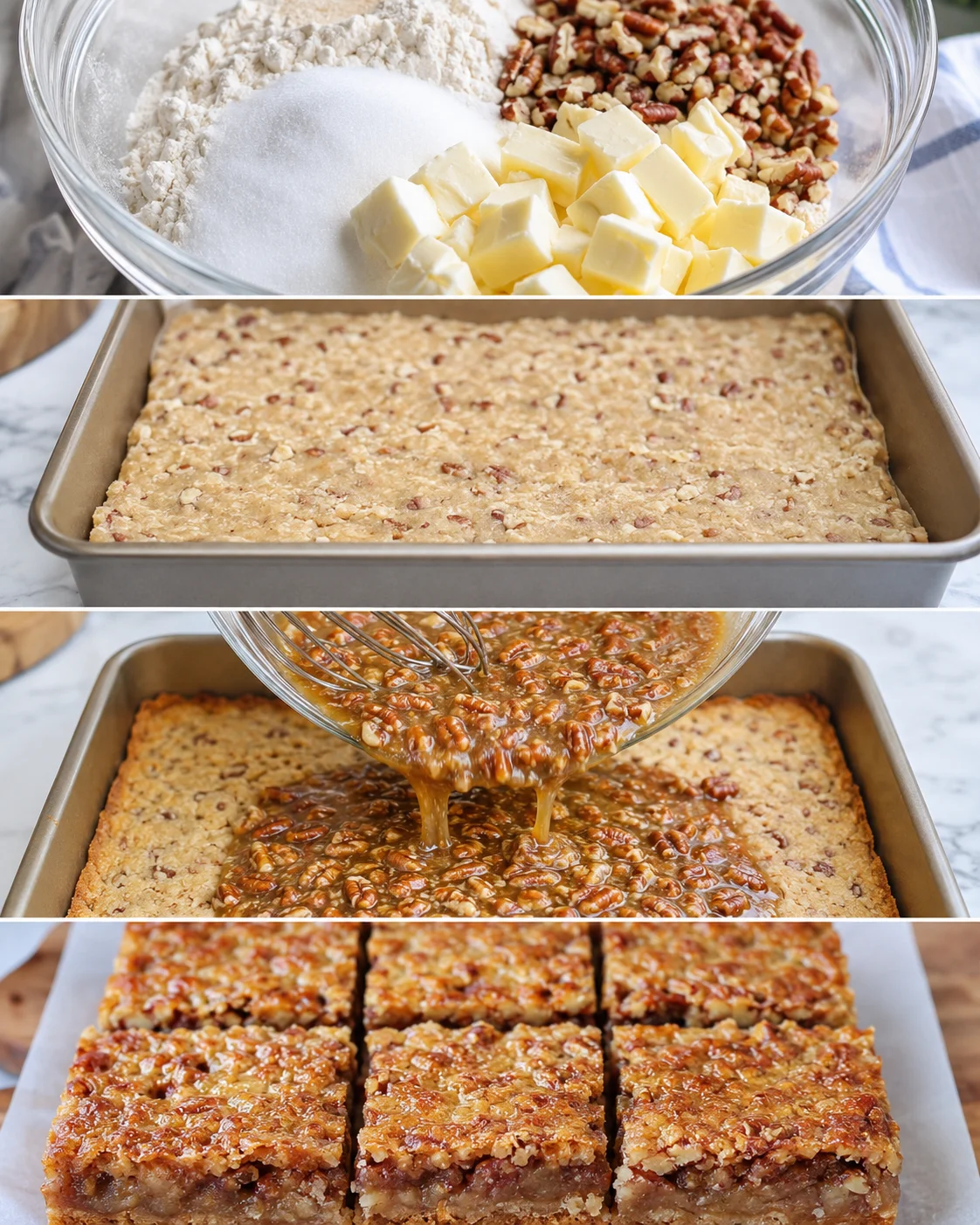 Step-by-step images of making pecan pie bars with crust and filling.