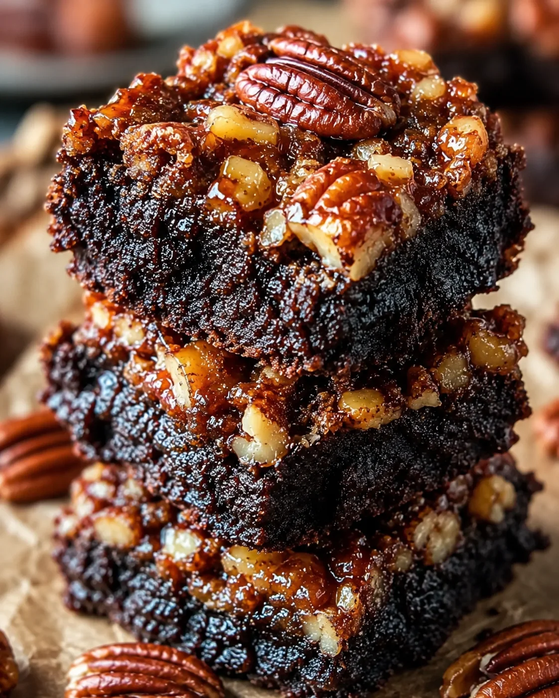 Rich, fudgy brownies topped with caramelized pecans and crunchy pecan halves.