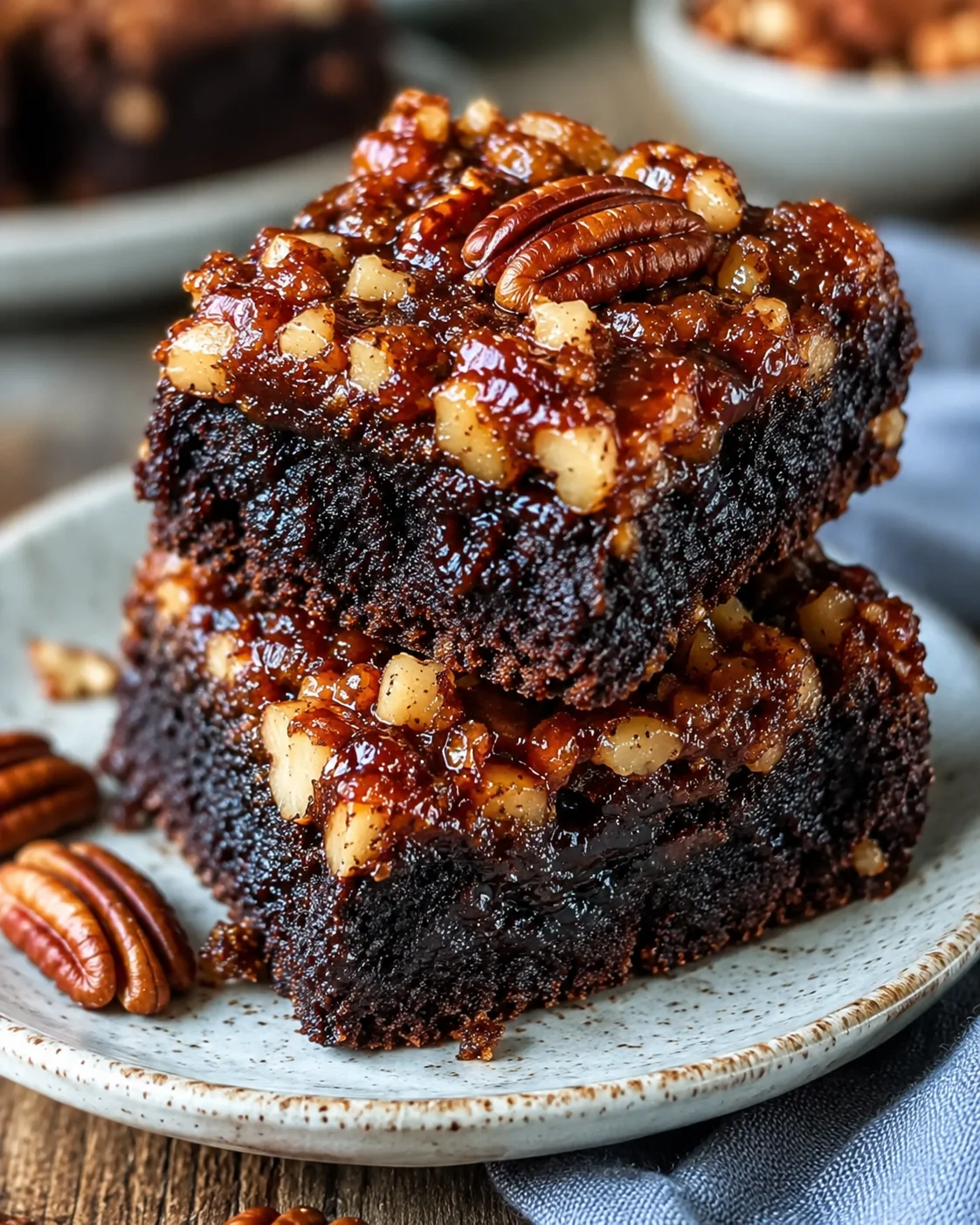Rich, gooey pecan pie topped brownies with pecans on a plate