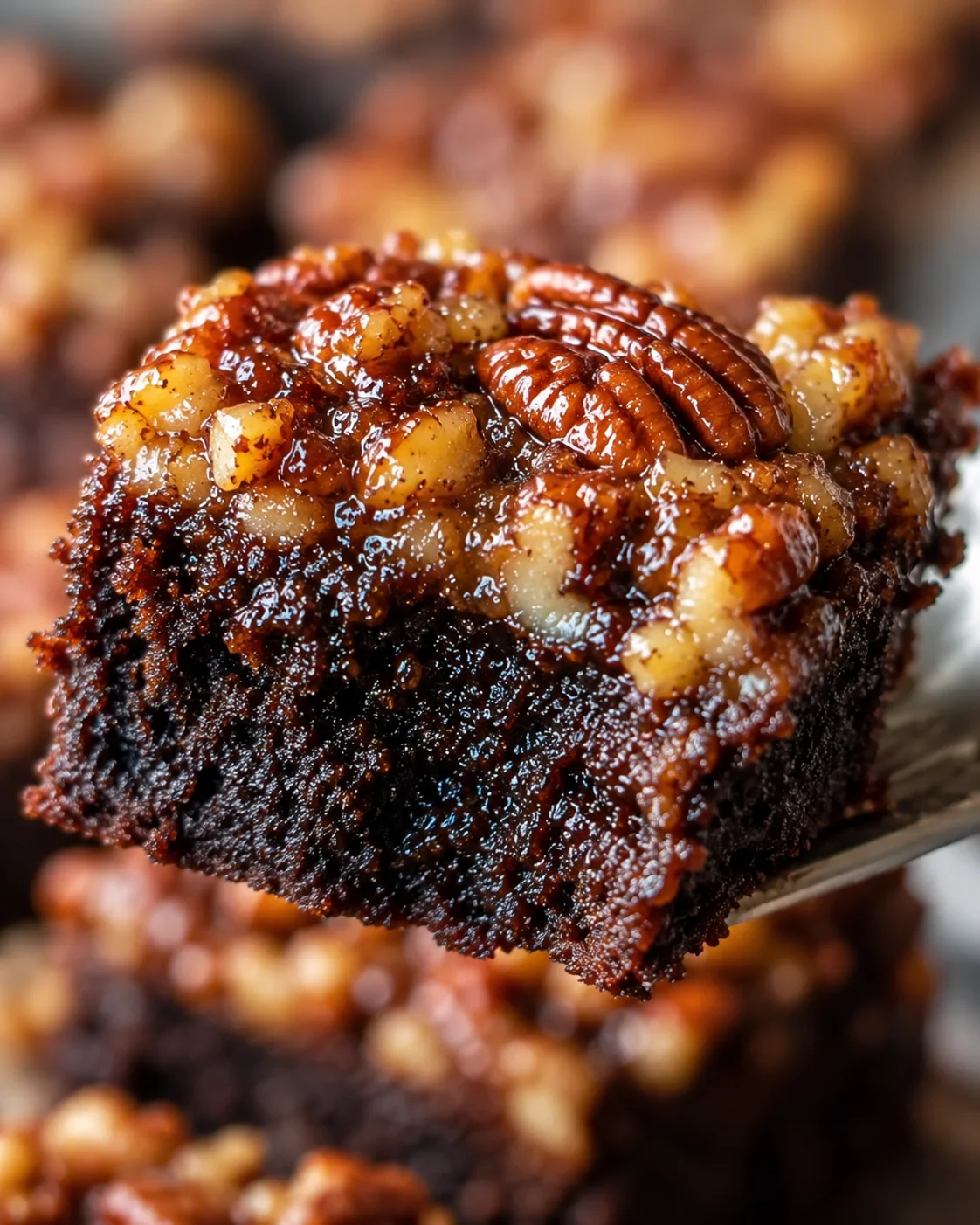 Rich, gooey chocolate brownies topped with crunchy pecans and caramel glaze.