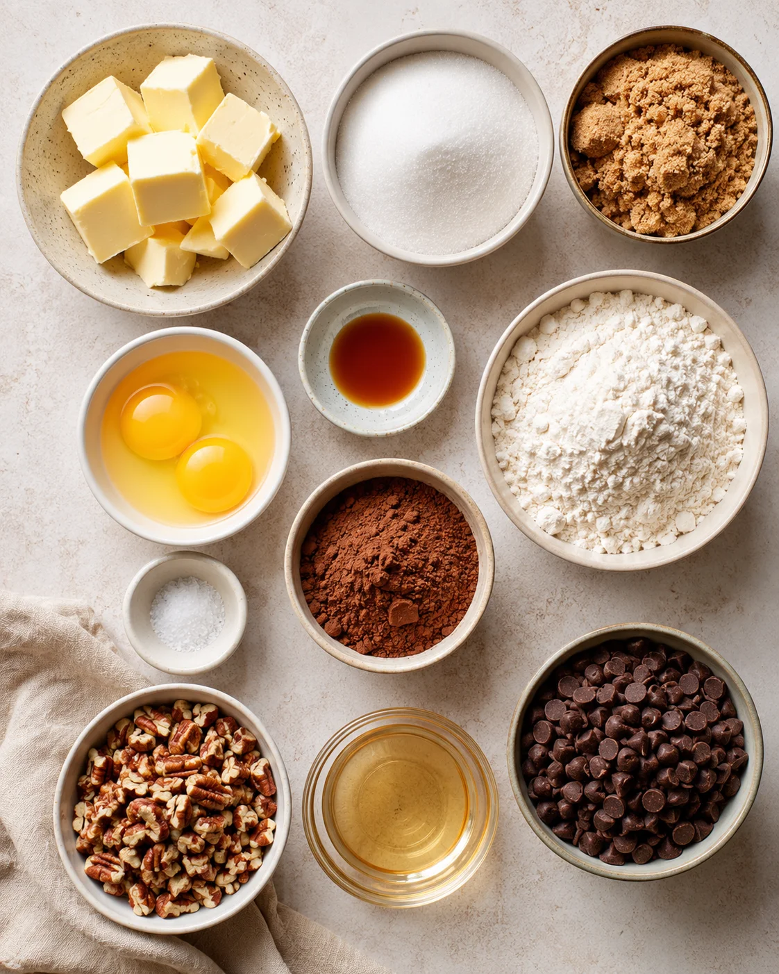 assortment of ingredients including butter, sugar, eggs, cocoa, and pecans for brownies