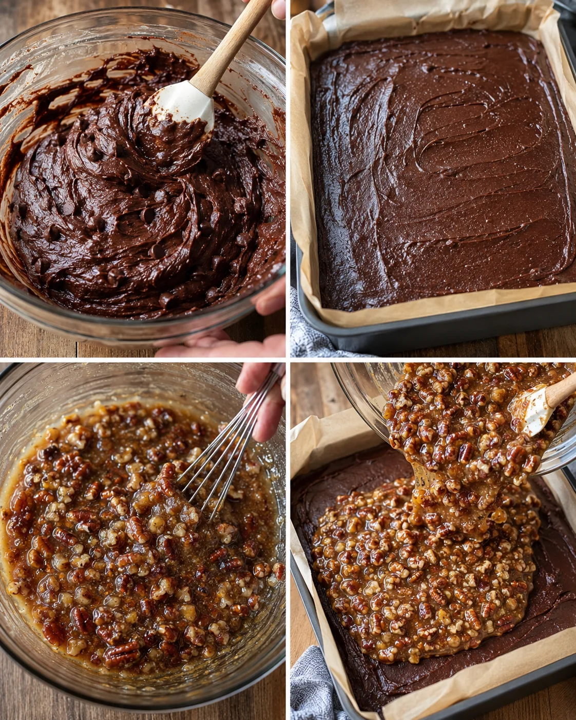 Rich, gooey pecan pie topping over thick, fudgy chocolate brownies in a baking dish.