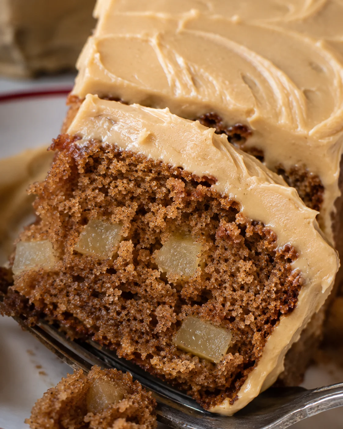 Delicious apple spice cake topped with luscious caramel icing and apple chunks
