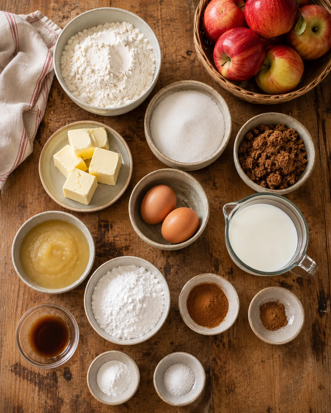 Ingredients for apple spice cake with caramel icing on rustic wooden table.