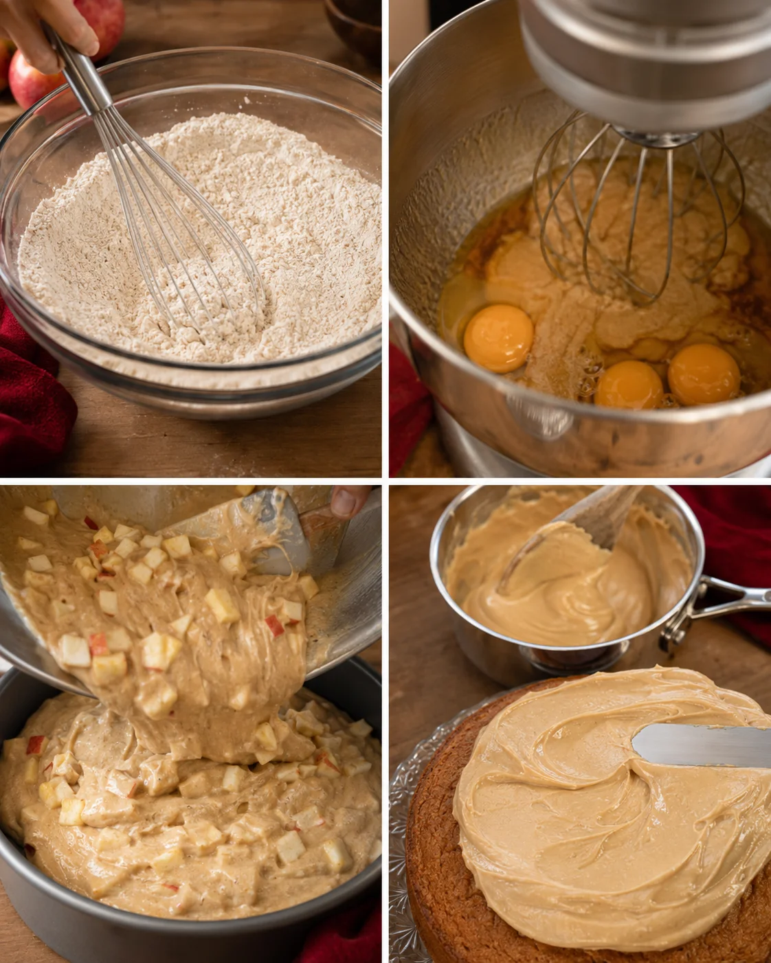 Delicious homemade apple spice cake with caramel icing, topped with apple chunks and spices.