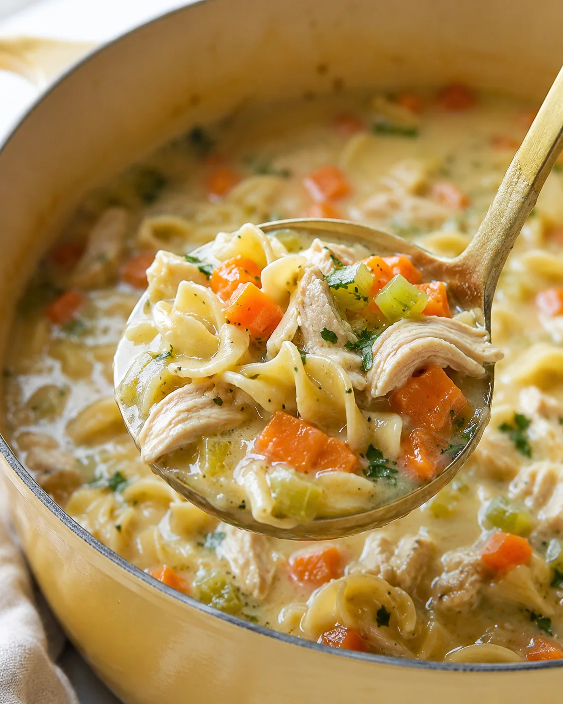 A spoonful of hearty creamy chicken noodle soup with vegetables and tender chicken chunks.