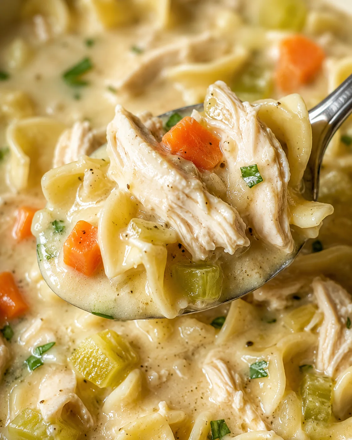 Close-up of creamy chicken noodle soup with tender chicken and vegetables