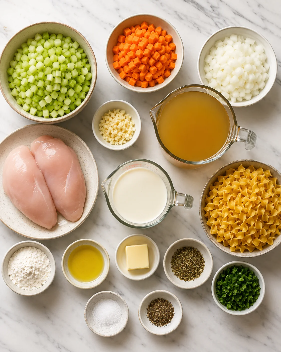 Ingredients for creamy chicken noodle soup with vegetables, chicken, noodles, and cream.