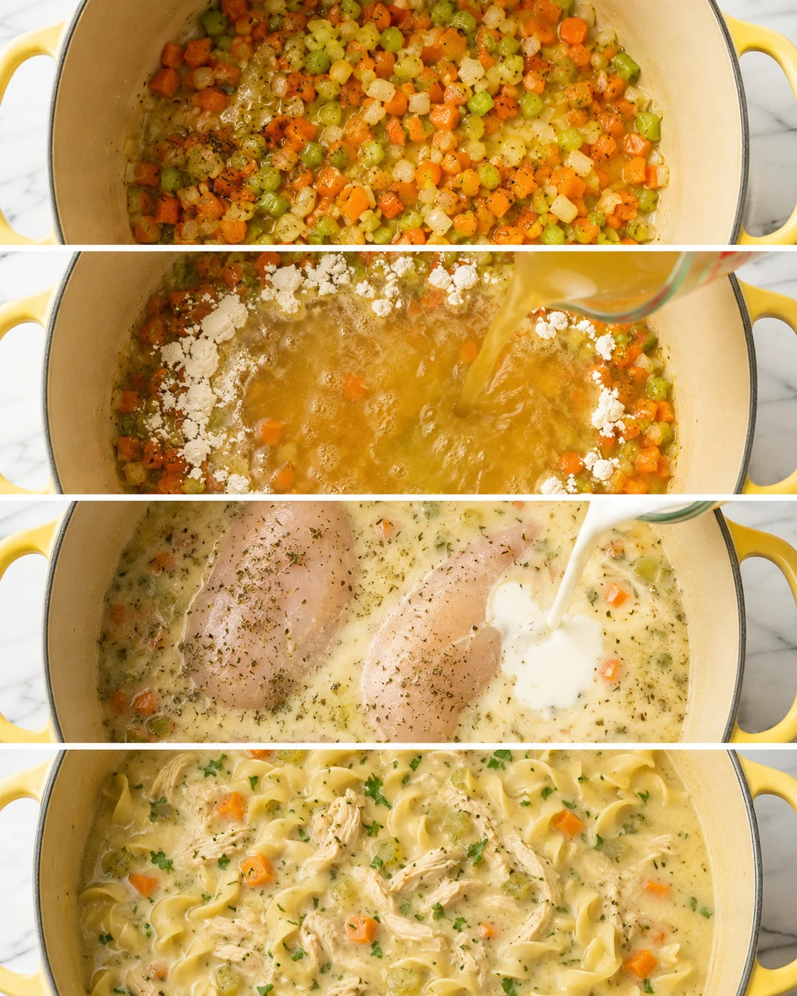 Step-by-step images of making creamy chicken noodle soup with vegetables and chicken.