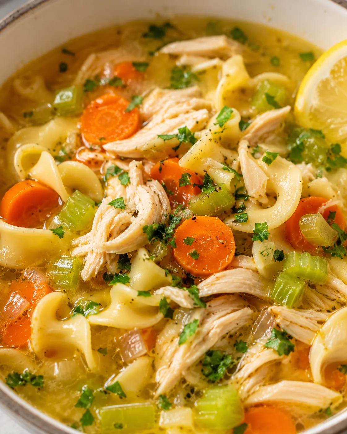 Close-up of a steaming bowl of chicken noodle soup with vegetables and herbs