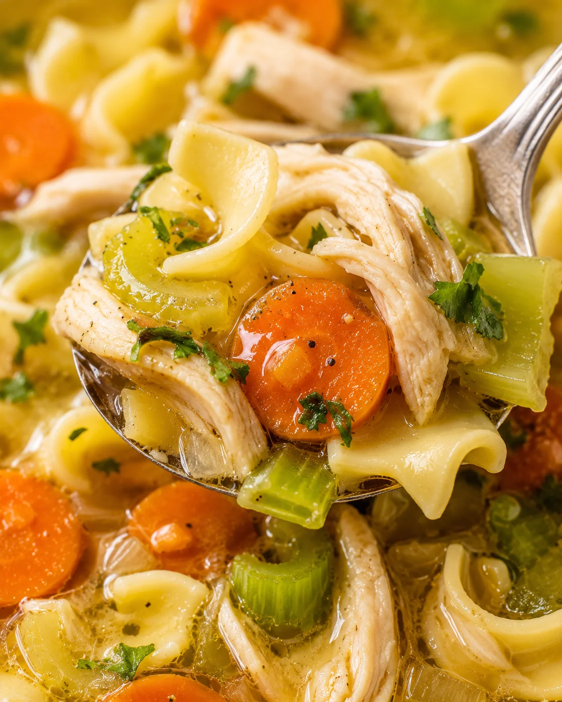 Bowl of comforting chicken noodle soup with vegetables and shredded chicken