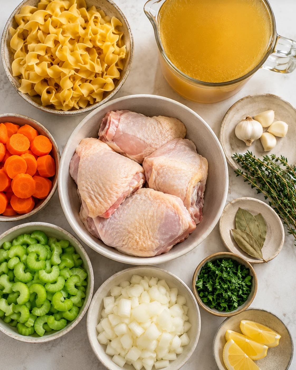 Fresh ingredients for chicken noodle soup including chicken, vegetables, noodles, and broth.