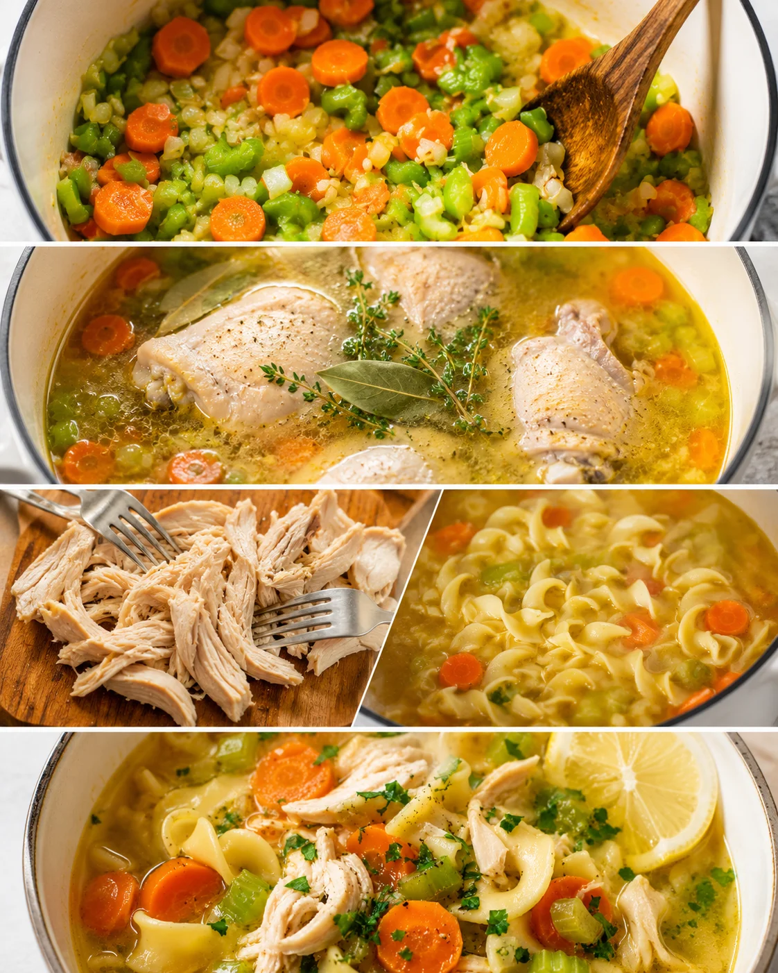 A comforting bowl of homemade chicken noodle soup with vegetables and herbs.
