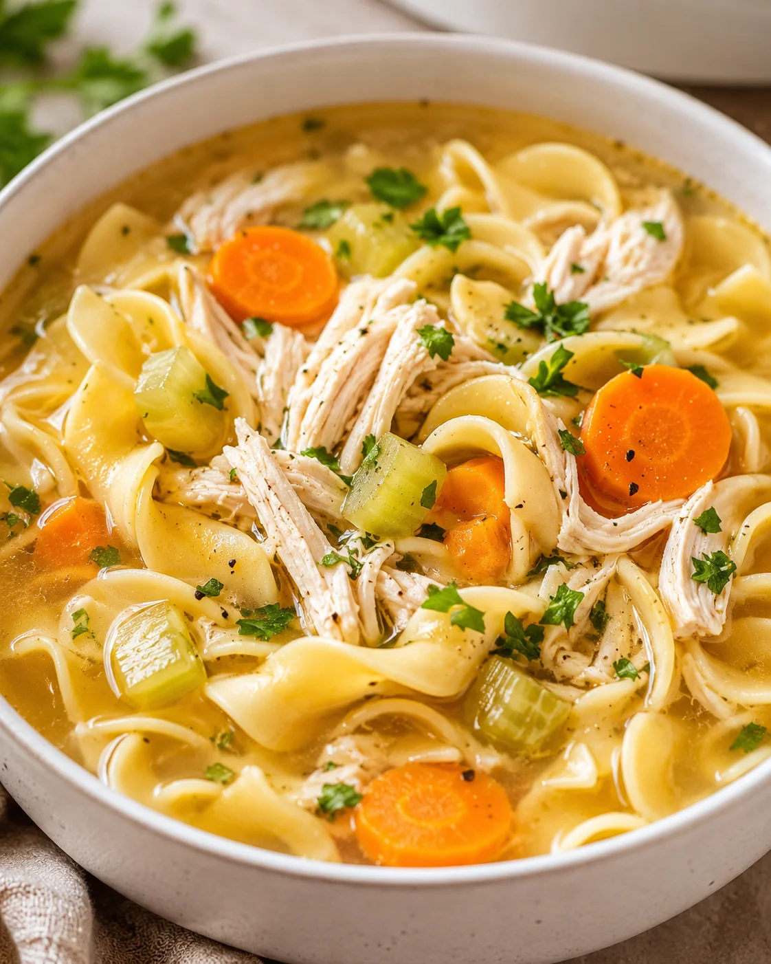 A hearty bowl of homemade chicken noodle soup with vegetables and shredded chicken.
