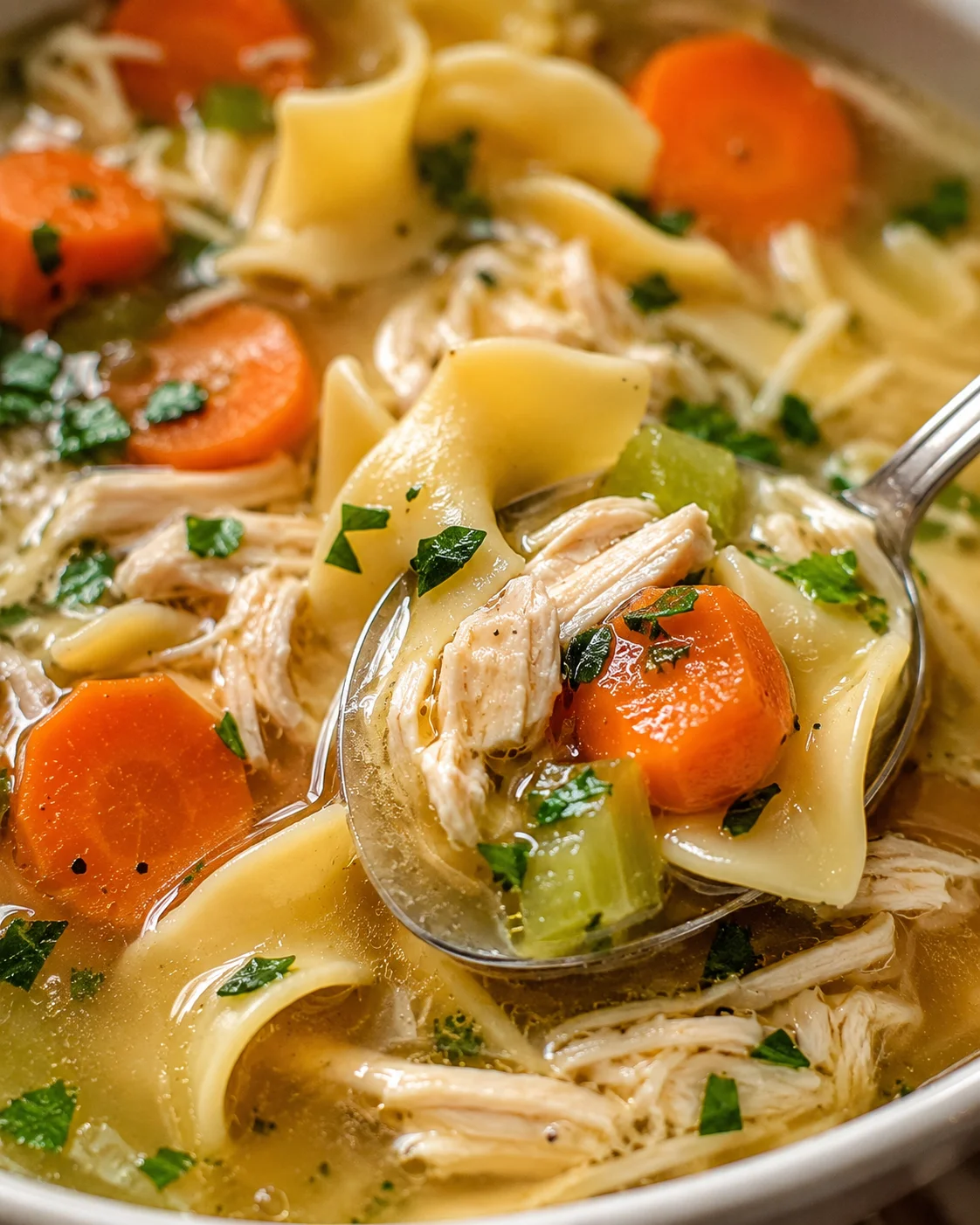 Close-up of hearty homemade chicken noodle soup with vegetables and shredded chicken.