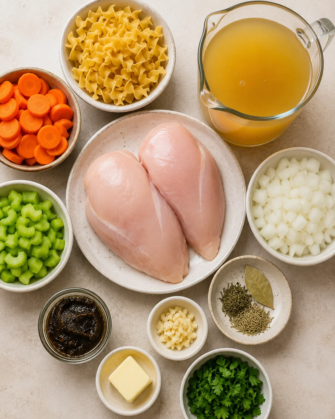 Ingredients for homemade crockpot chicken noodle soup including chicken, vegetables, and broth.