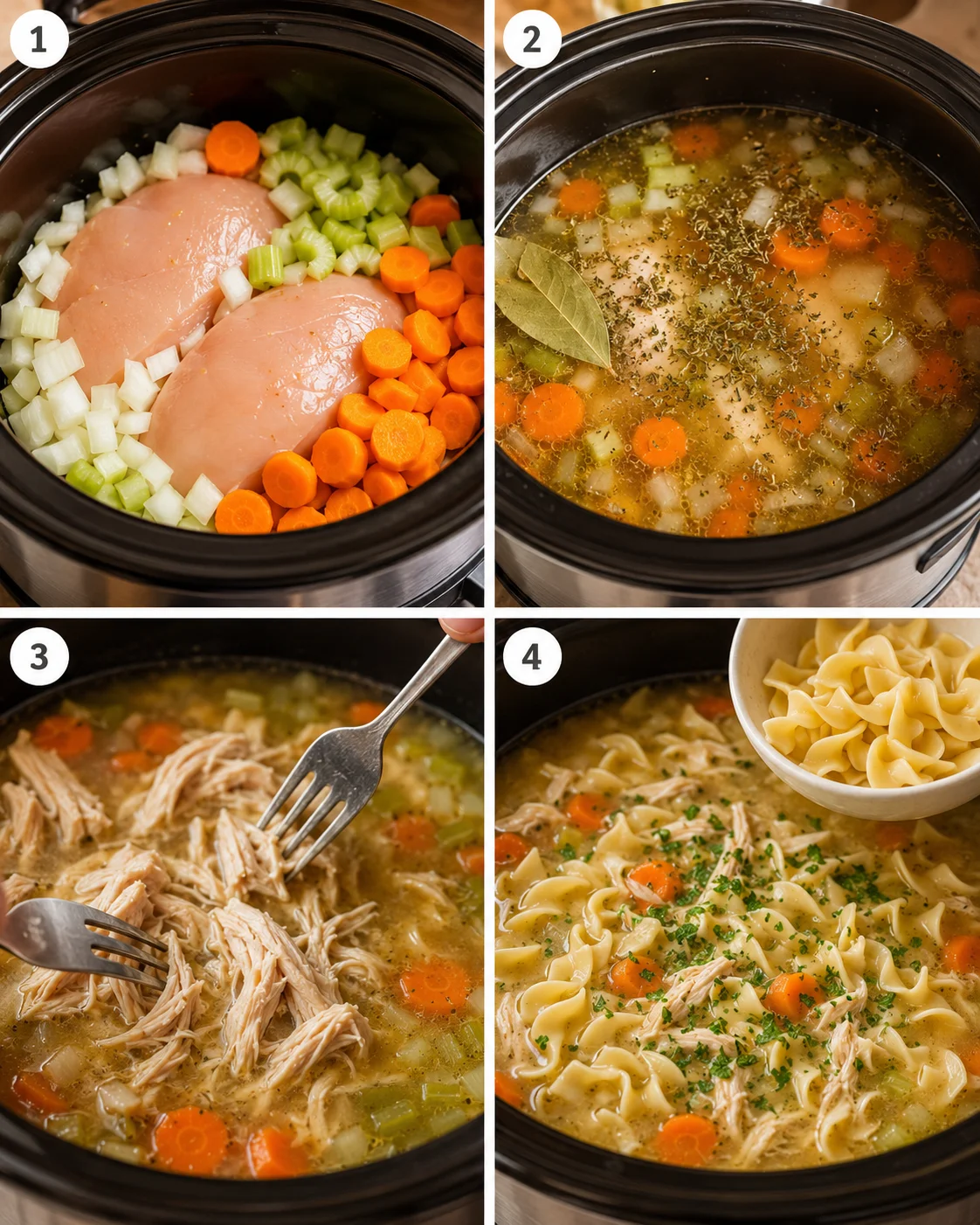 Steps showing raw chicken, broth simmering, shredded chicken, and finished soup with noodles.