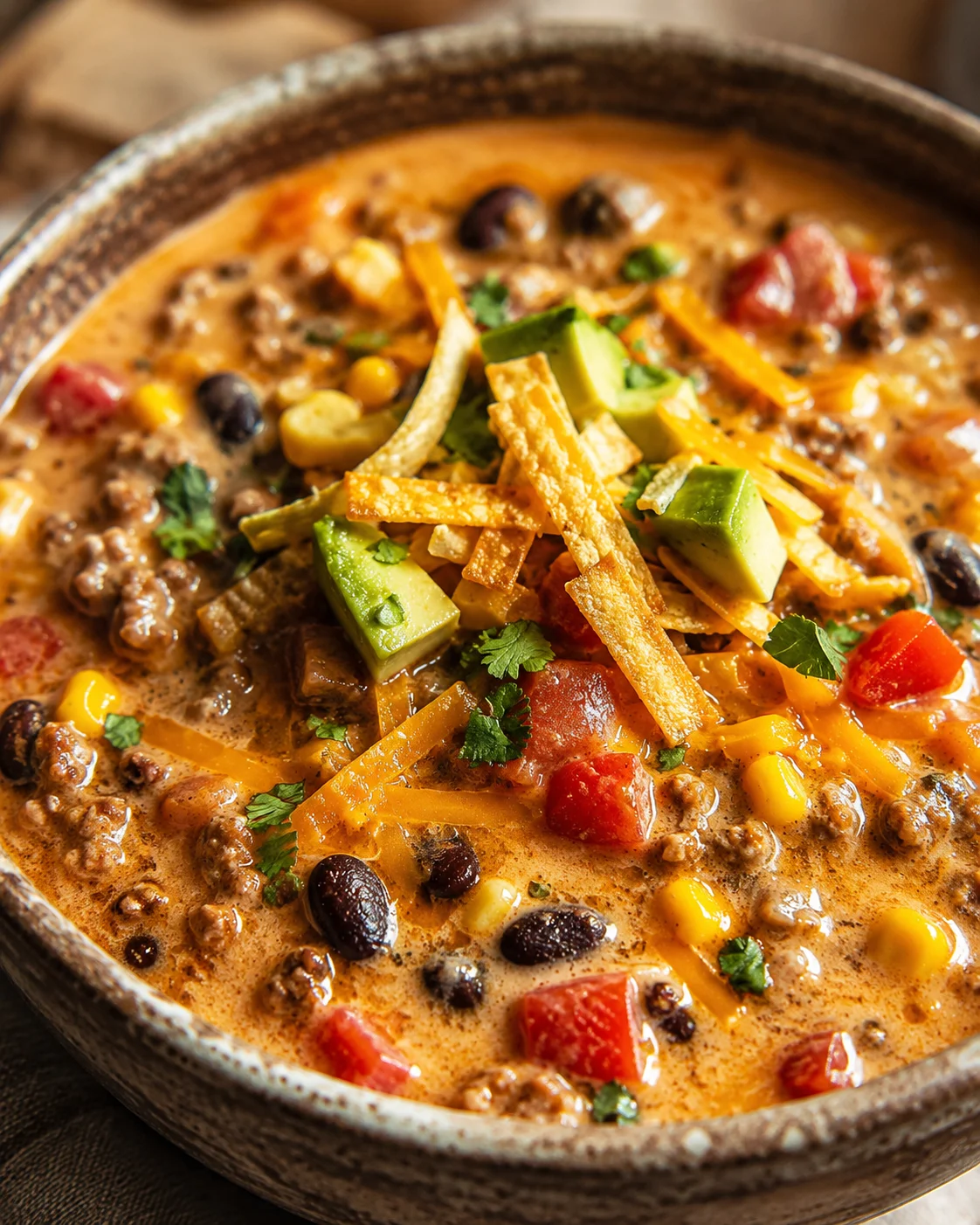 Close-up of creamy taco soup topped with avocado, shredded cheese, and crispy tortilla strips