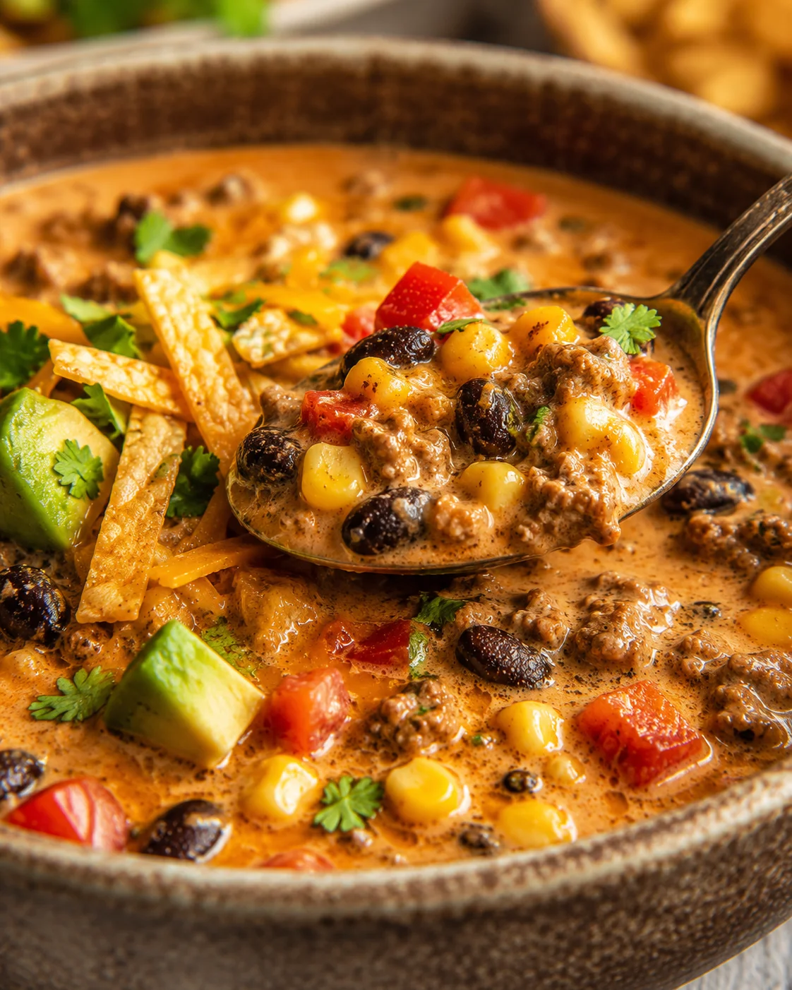 Close-up of creamy taco soup with beans, corn, and toppings in a bowl.