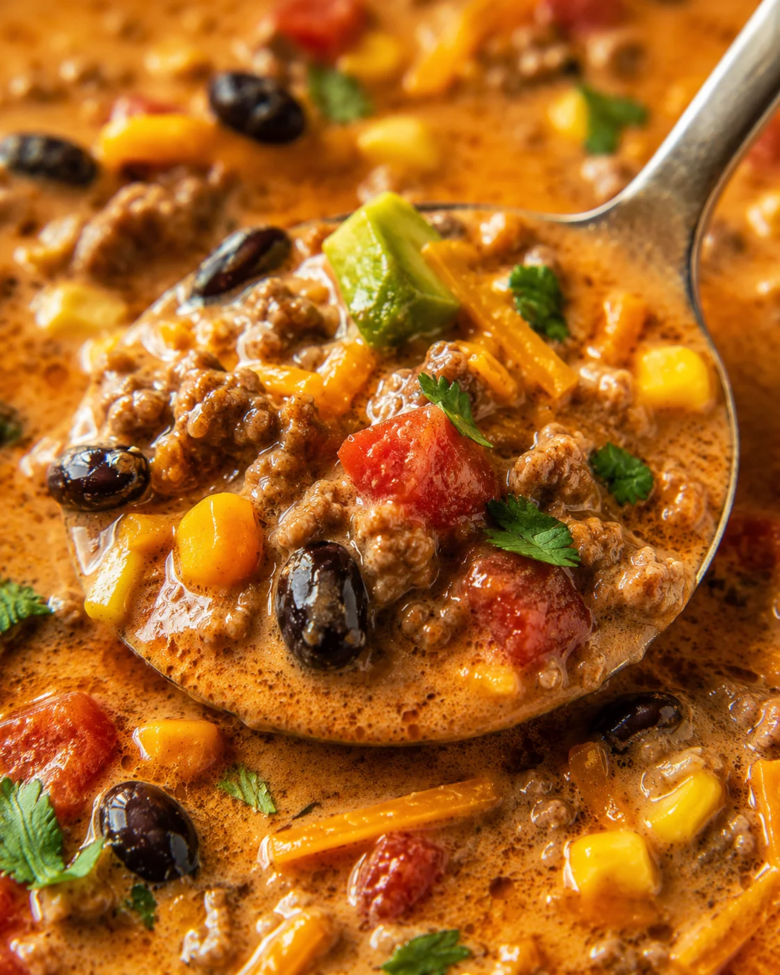 Close-up of a creamy taco soup with beef, corn, beans, and fresh cilantro