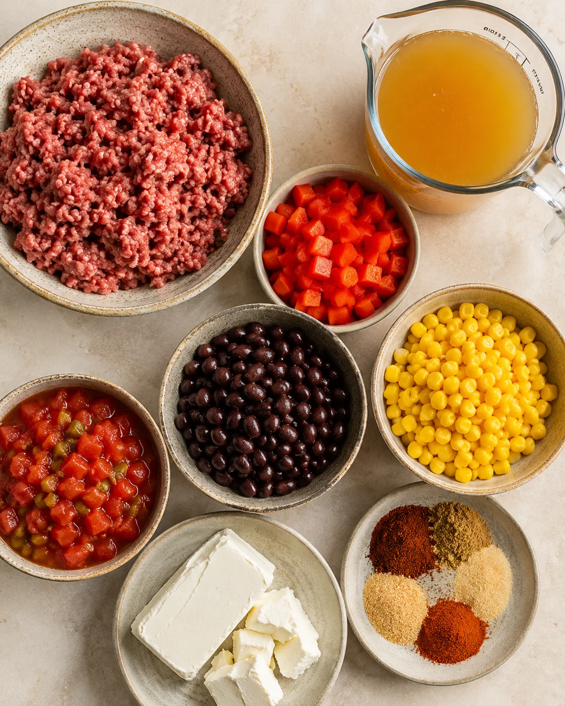 Assorted ingredients including ground beef, diced carrots, black beans, corn, tomatoes, and cream cheese.