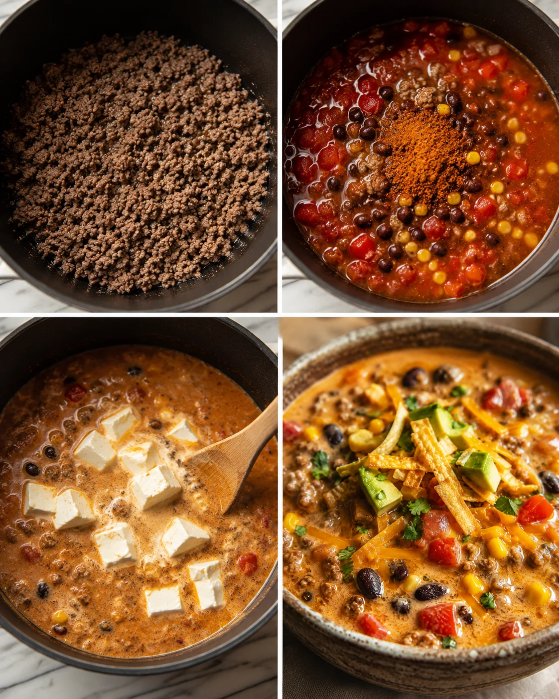 Step-by-step images of preparing creamy taco soup with beef and toppings.