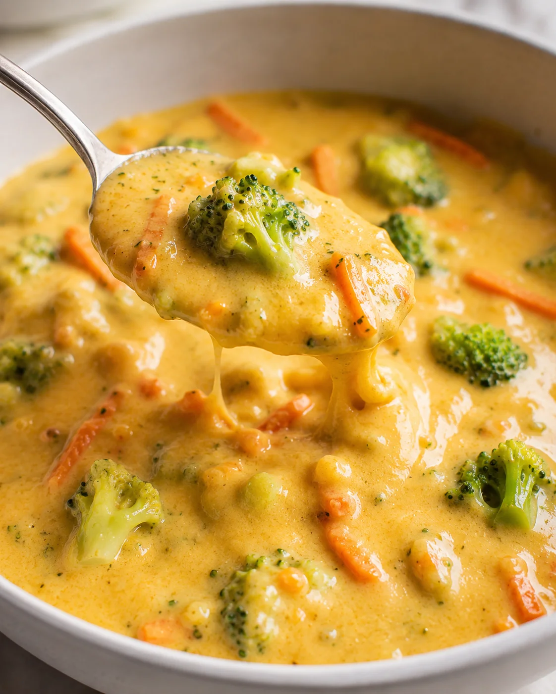 A spoon lifting a bowl of rich broccoli cheddar soup with vegetables.