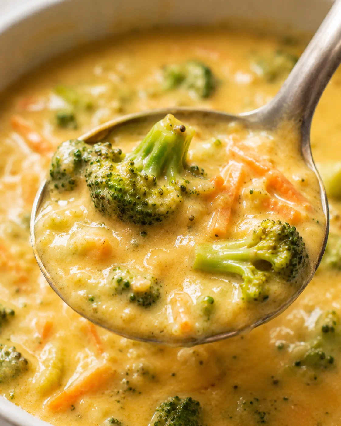 A close-up of broccoli and cheese soup in a spoon, showing rich texture and vibrant color