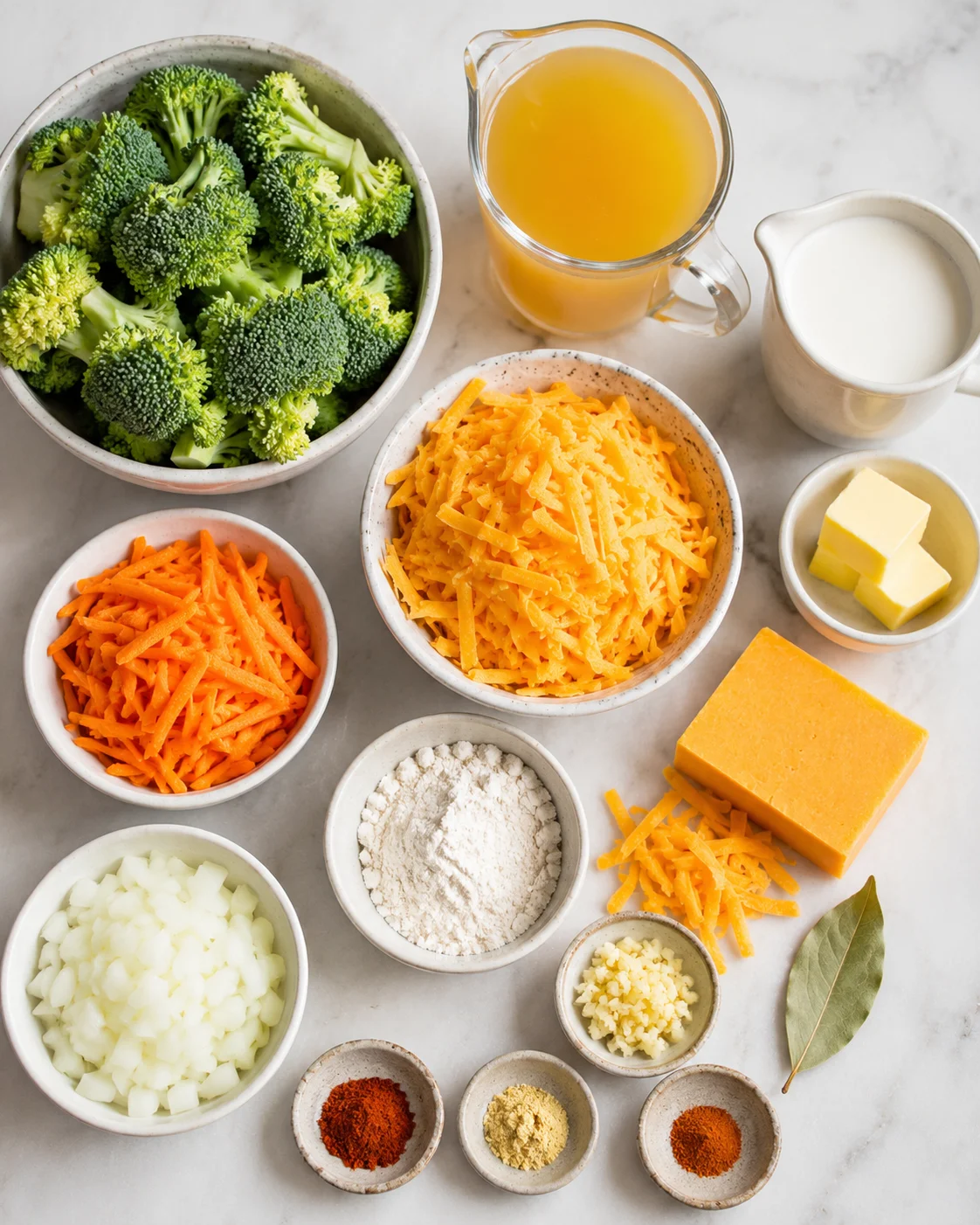 Ingredients for broccoli cheddar soup including broccoli, cheese, and seasonings arranged on a white surface.