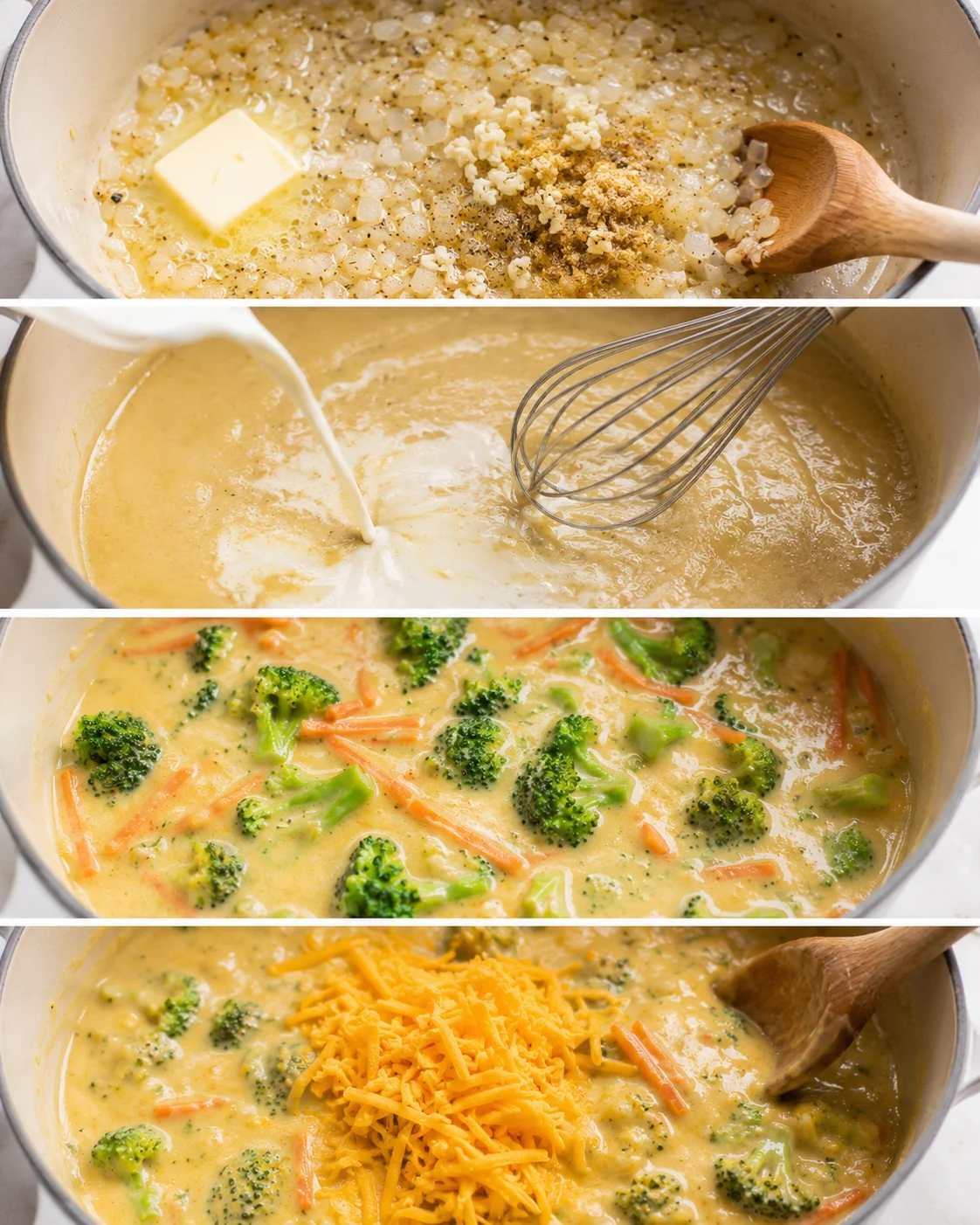 Step-by-step images of preparing broccoli cheddar soup with cheese, broccoli, and seasonings.