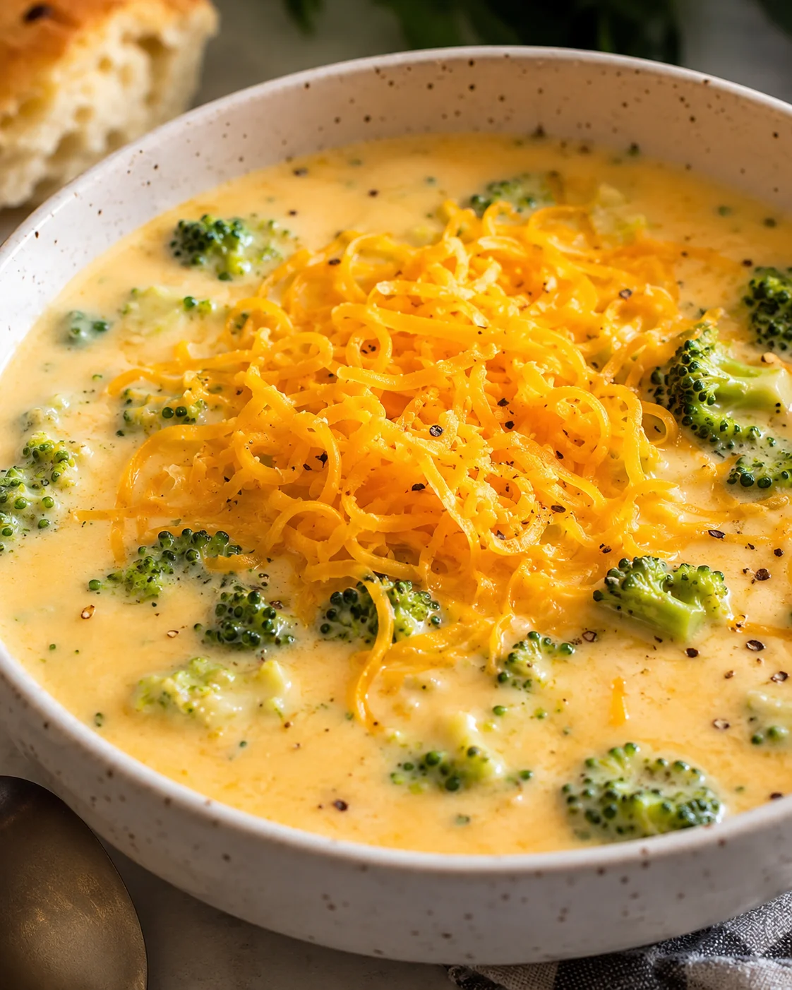Close-up of cheesy broccoli soup garnished with shredded cheddar cheese in a bowl.